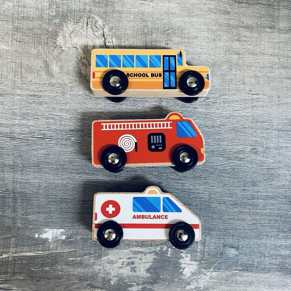 3 Unbranded Children’s Wooden Fire Truck, Ambulance And School Bus